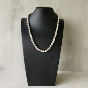 Vintage Chinese Cloisonne White Pink Floral Beaded Necklace Hand Knotted 2"